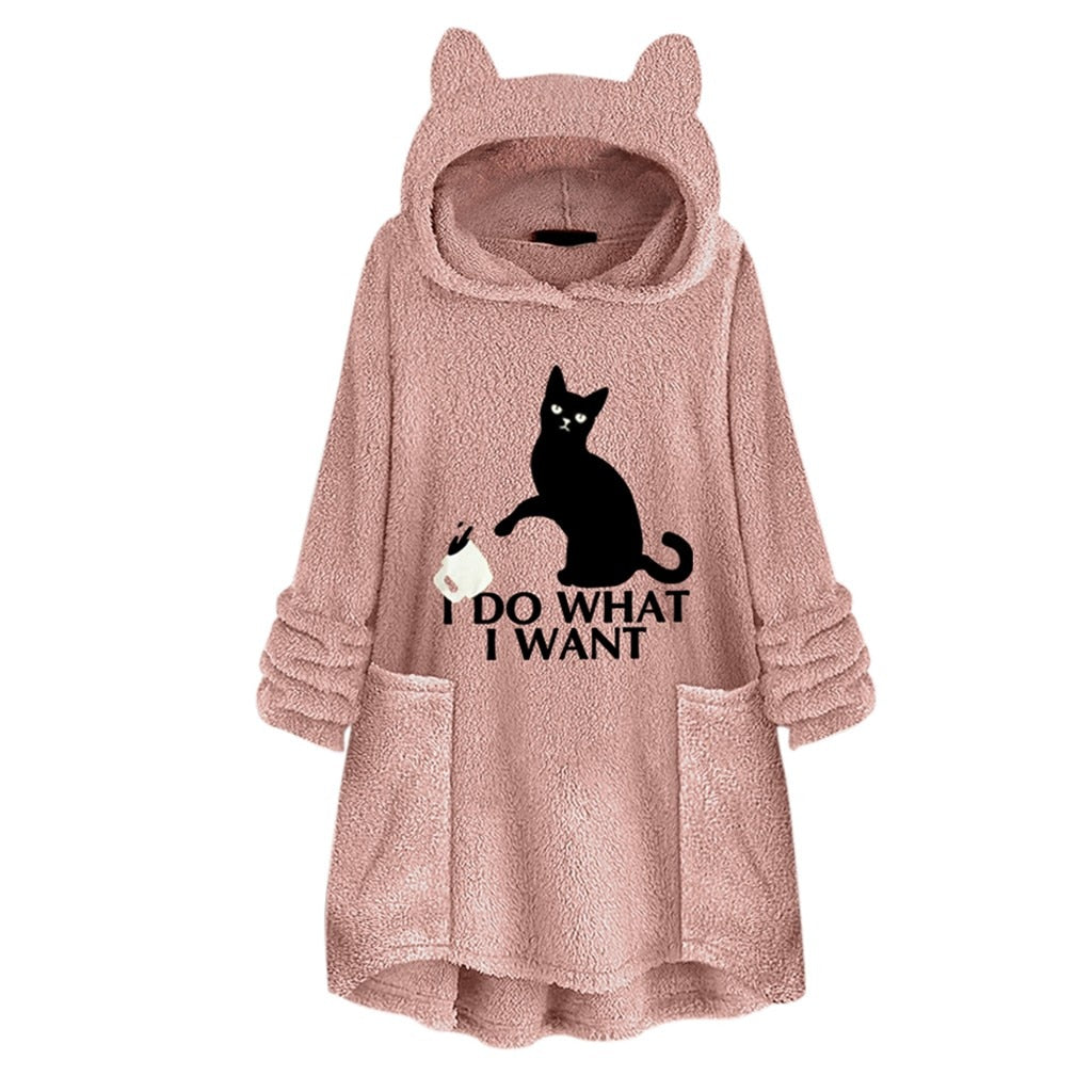 Fleece™ - I Do What I Want Fluffy Fleece Oversize Hoodie With Cat Ears