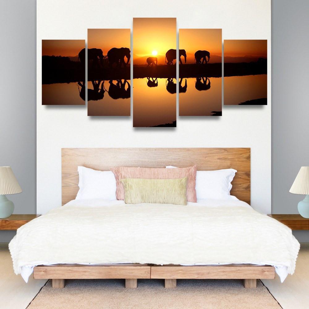 Elephant Sunset 5 Piece Canvas Small / No Frame Wall